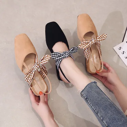 

2019 new style pointed bow low heel deep mouth buckle with Baotou Mueller single shoes women