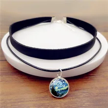 XUSHUI XJ Ван Гог Звездная ночь колье ожерелье Новая мода искусство стеклянный купольный кабошон кулон черное кожаное ожерелье женские ювелирные изделия