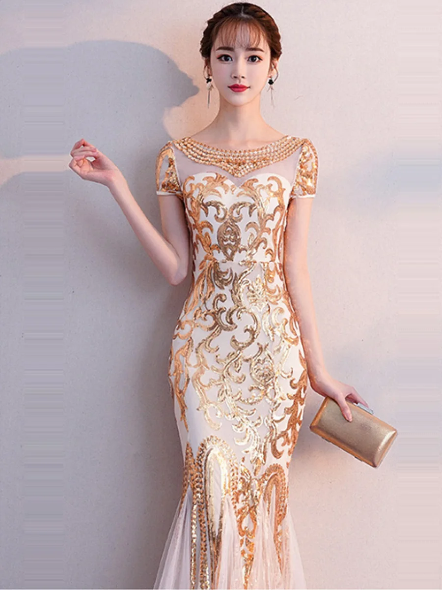 Вечерние платья Robe De Soiree с круглым вырезом и коротким рукавом, элегантное вечернее платье в пол с блестками и кристаллами, вечернее платье F276