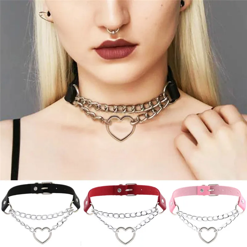 Gothic Chain Heart Choker Women Femme Necklaces Ladies Punk Pendant Necklace Female Black Leather Sexy New | Украшения и