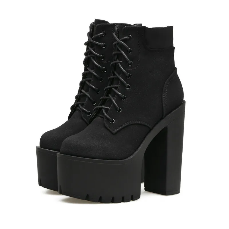 

2020 Female Autumn Winter Classic High Thick Bottom Thick Heel Waterproof Platform Lace Up Short Nubuck Boots