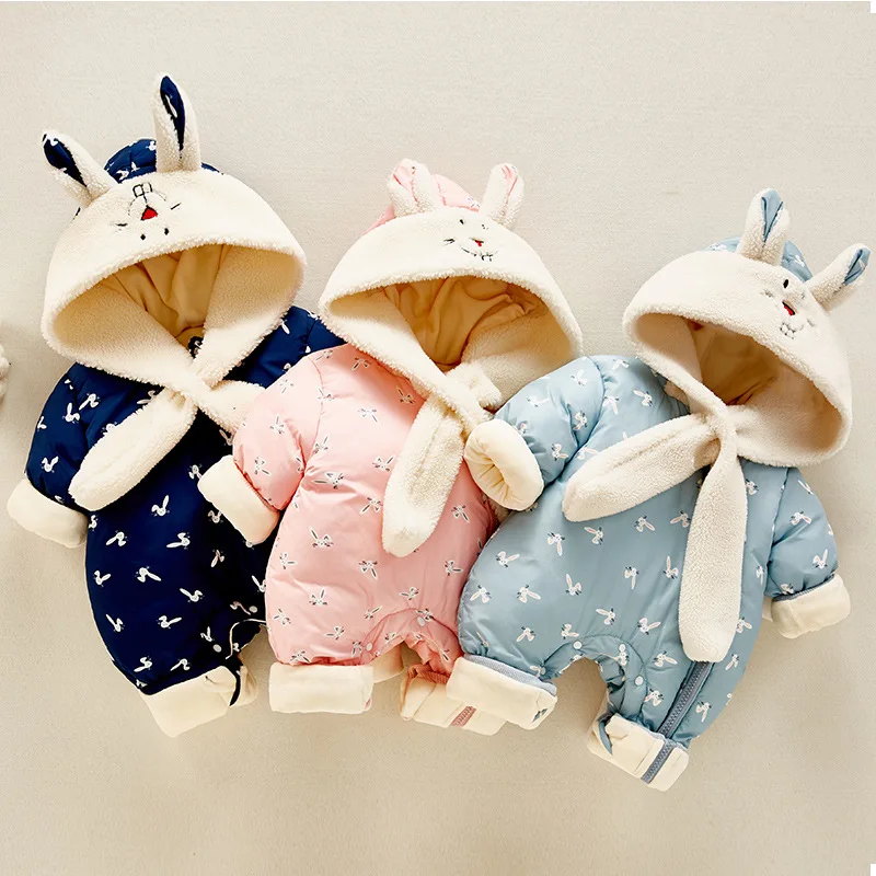 

HYLKIDHUOSE Toddler Infant Newborn Rompers Winter Baby Girls Jumpsuits Warm Thicken Hooded Outdoor Cute Rabbit Child Kids Coats