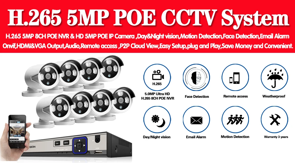 H.265 8CH 5MP POE аудио запись камера безопасности комплект ip-камера ИК Открытый водонепроницаемый CCTV видео наблюдения NVR комплект