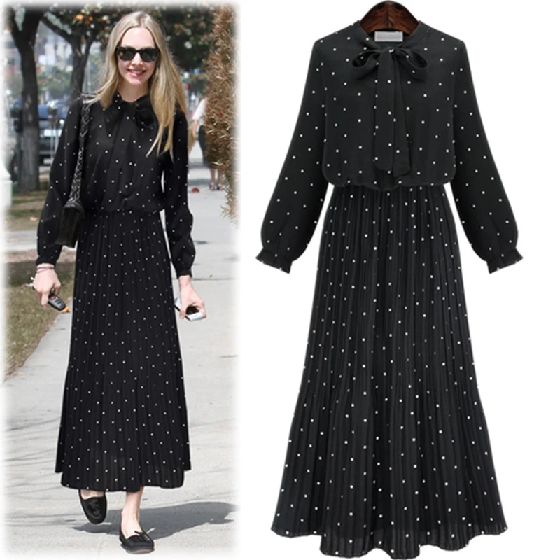 

New Fashion Autumn Large Size Women's Dot Print Long Sleeve Dress Bohemian Pleated Ladies Dress