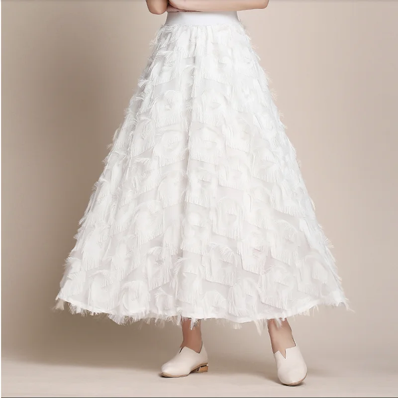 

New Women's Chiffon Feather Fringed Maxi-Skirt A-Line Elastic High-Waist Fashion Beach-Party Korean-Style Fairy-Put Big-Swing