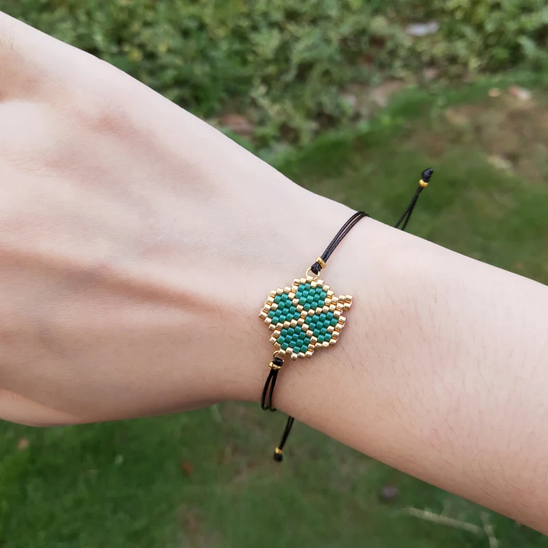 

FAIRYWOO Green Bracelet For Women Jewelry Luck Leaf Bracelet Miyuki Delica Bead Handmade Charm Bracelets Rope Drawstring Dangles