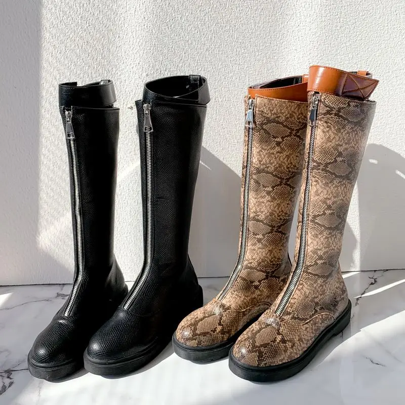 Coolcept British Style Women Knee High Boots Round Toe Zipper Flats Shoes Woman Long Boots Winter Warm Women Footwear Size 34-43
