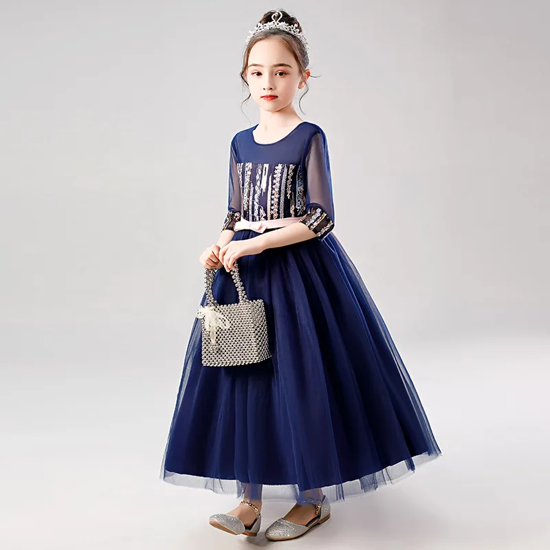 Модное платье для девочек; Элегантное Длинное платье принцессы для девочек; вечерние платья принцессы с длинными рукавами для дня рождения