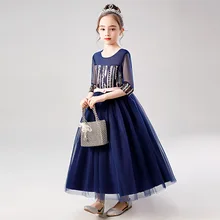 Модное платье для девочек; Элегантное Длинное платье принцессы для девочек; вечерние платья принцессы с длинными рукавами для дня рождения