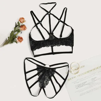 

Fashion Women Sexy Lingerie Set Halter Black Lace Babydoll Bra Set G-String Underwear Bra Brief Lenceria Female Exotic Apparel