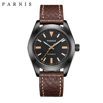 

Parnis 40mm Black Case Men Watch Mechanical Sapphire Crystal Leather Miyota 8215 Orange Hand Mens Automatic Watches man gift box