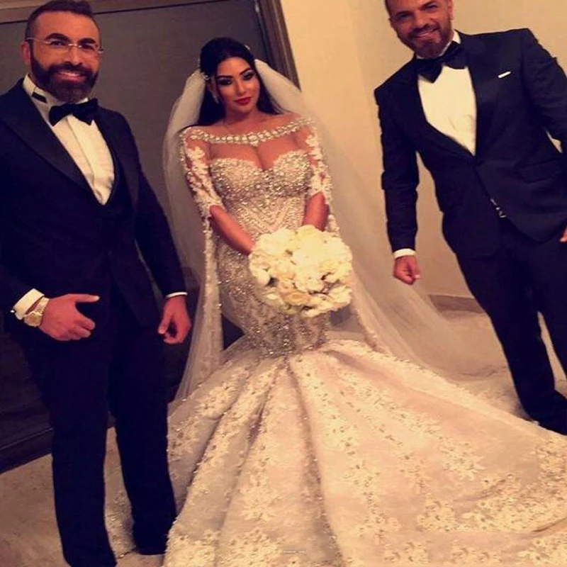 

White Appliques Lace Beaded Crystal Draped Mermaid Wedding Dresses Simple Boat Neck Half Sleeve Backless Bridal Gown vestido