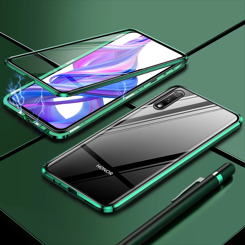 Роскошный 2-й Магнитный флип-чехол для huawei Honor 9X 9 XPro, переднее и заднее, двухстороннее закаленное стекло 360, чехол для телефона Honor9X Pro, чехол - Цвет: Green  Double Glass