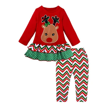 

Christmas Children's Sets Baby Girls Elk Long Sleeve Top + Wavy Pants Clothing Sets New Autumn Winter Kids Girl Suit Clothes
