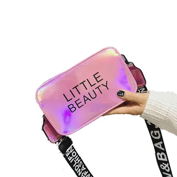 

laser colorful women bag pu material dazzling shoulder bag for girl gift wide shoulder strap beach bag blue black pink silver