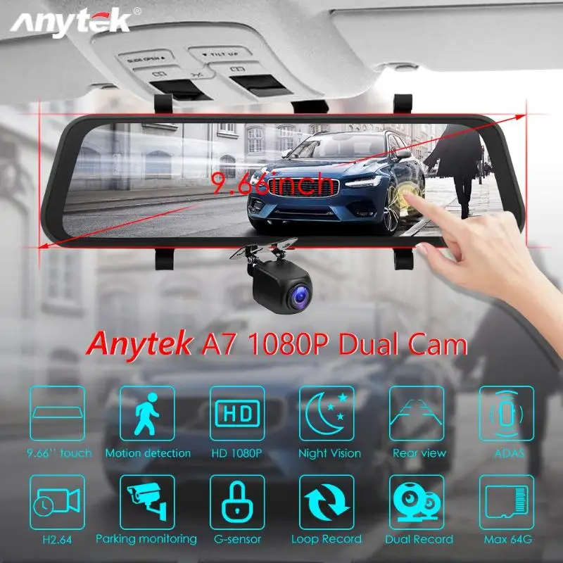 Anytek A7 FHD 1080P Автомобильный видеорегистратор Камера 9,66 дюймов зеркало заднего вида двойной объектив ADAS звездный свет; ночное зрение видеорегистратор видеомагнитофон