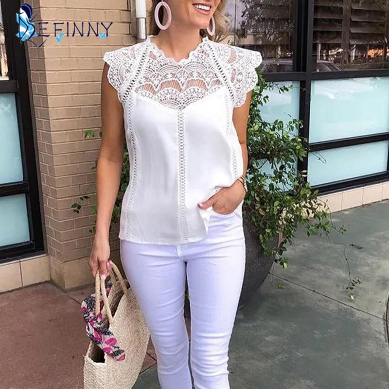 Summer 2020 Womens Tops Blouses Lace Patchwork Sleeveless Solid Shirt Women Blouse Blusas Roupa Feminina Shirts 2