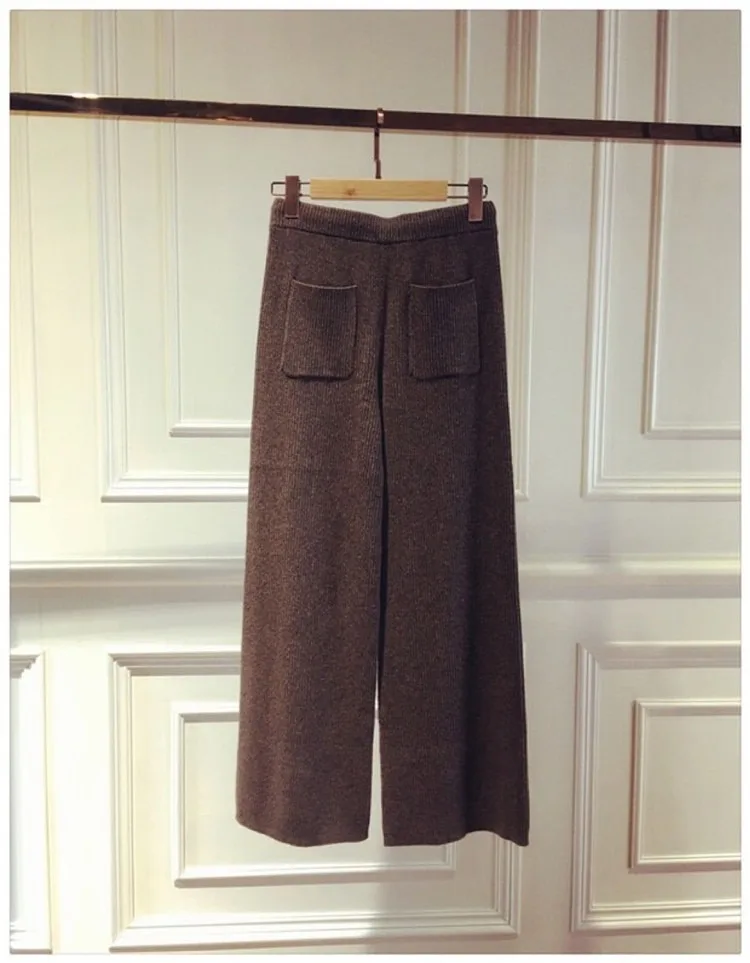 Knitted wide leg pants women girl new winter warm wool wide leg pants high quality camel brown black coffee big stretch