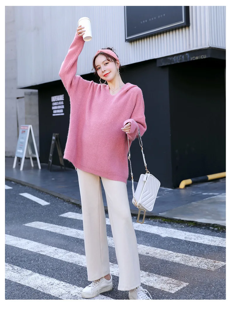 Hooded V-Neck Maternity Sweater Solid Color Maternity Clothes Winter Outerwear Loose Knitted Top Pregnancy Sweater Elegant