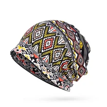 Beanies Cap Scarf Adult Geometric Printed Sunshade Neck Breathable Elastic Cotton Hat Warmer Travel Headwear