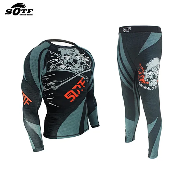 Suotf MMA тренировочный компрессионный Джерси и брюки, стреч череп Рашгард, KickBoxing, плотная длинная футболка для фитнеса, Муай Тай, одежда для фитнеса - Цвет: Jersey and Pant