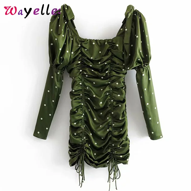 

Sexy Party Dress 2019 Fall Chic Polka Dot Drawstring Draped Dresses Romantic Puff Sleeve Bodycon Mini Dress Square Neck Dresses
