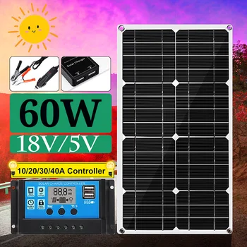 

18V/5V Solar panel 60W Sun Power Cell +10/20/30/40A Dual USB Solar Cell Regulator Controller ect for car yacht RV Lights Charge