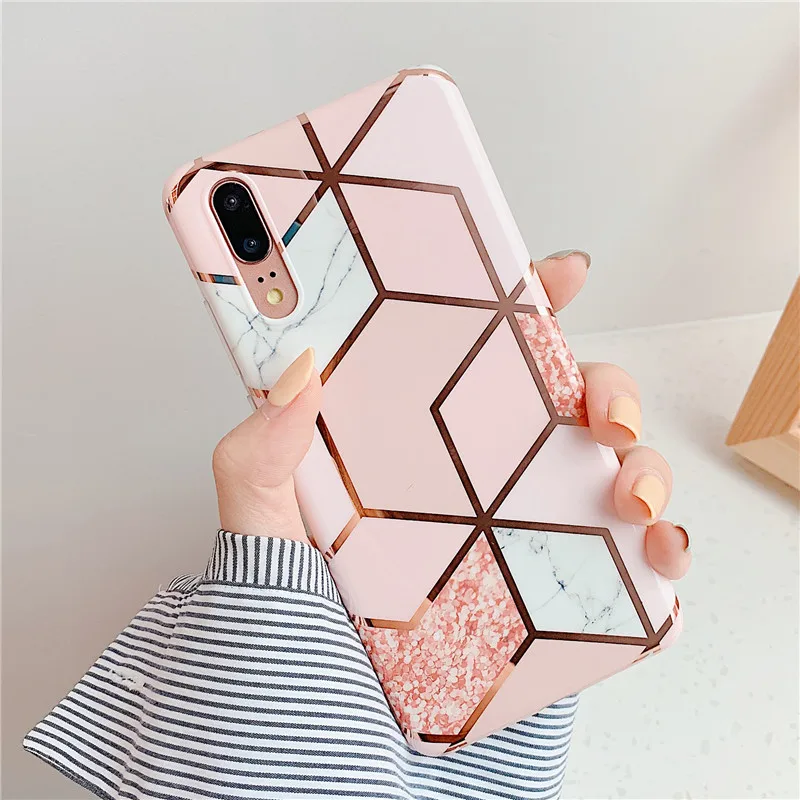 Гальванический геометрический мраморный чехол для телефона huawei P20 P30 Pro Lite mate 20 Pro Lite анти-шок розовый мягкий IMD задний Чехол