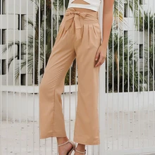 Sfit женский бумажный мешок талии обрезанные брюки повседневные свободные широкие брюки с карманами пояс Женские палаццо брюки с высокой талией длинные брюки