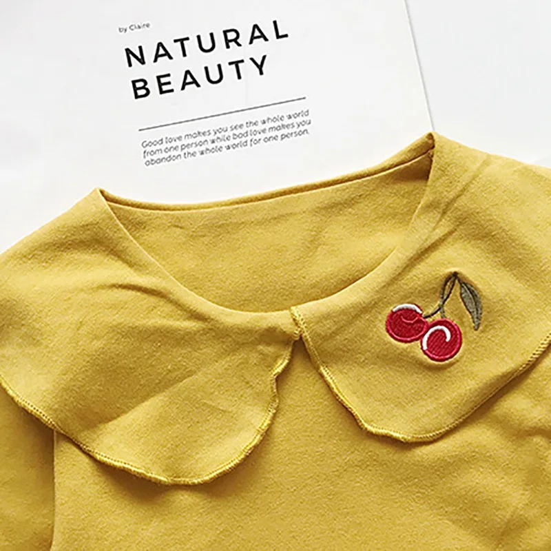 Осенняя модная повседневная Милая футболка с длинными рукавами и вышивкой вишни для маленьких девочек Новинка Hvlv