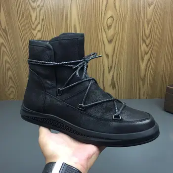 

New Fashion Winter Man Comfortable Warm Snow Boots High Quality Genuine Leather Men Black Lace-Up Flats Ankle Fur Brand Shoes