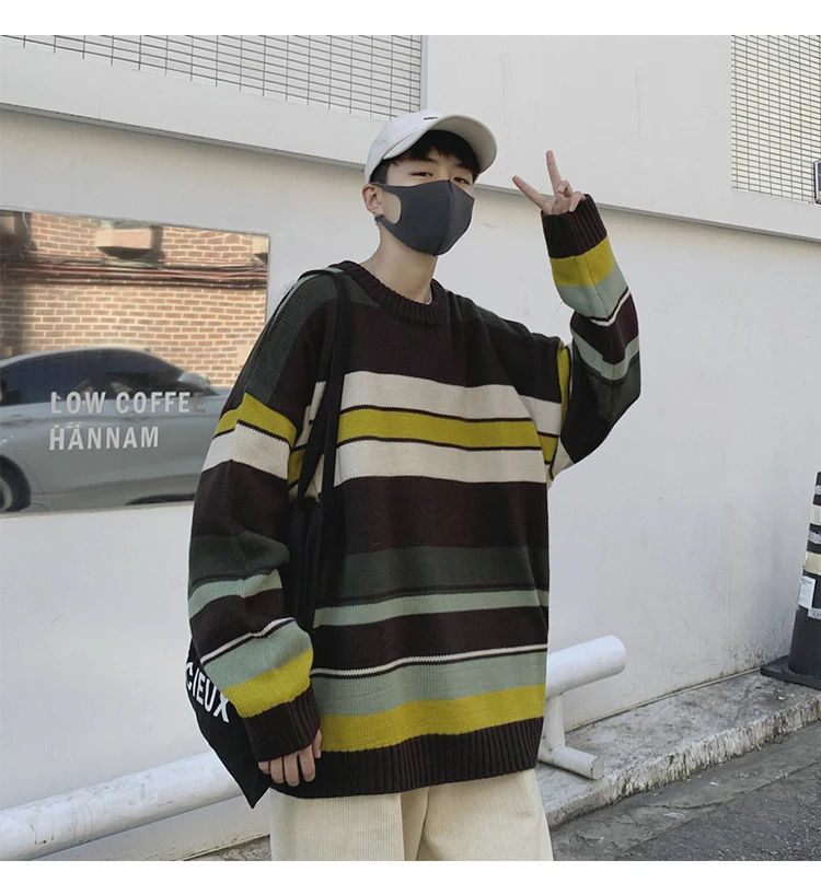 Striped Sweater Men Warm Fashion Contrast Color Casual O-neck Knit Pullover Men Streetwear Knitting Sweaters Male Sweter Clothes