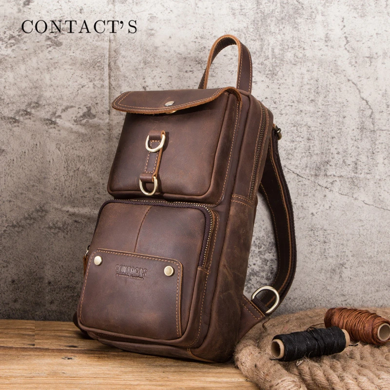 Vintage Sling Chest Bag Travel Cross Shoulder Pack Pouch Men Crazy Horse Leather