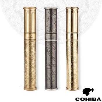 

COHIBA Vintage Cigar Tube Stainless Steel Single Cigar Case Flower Pattern Fine Cigars Humidor W/Gift Box
