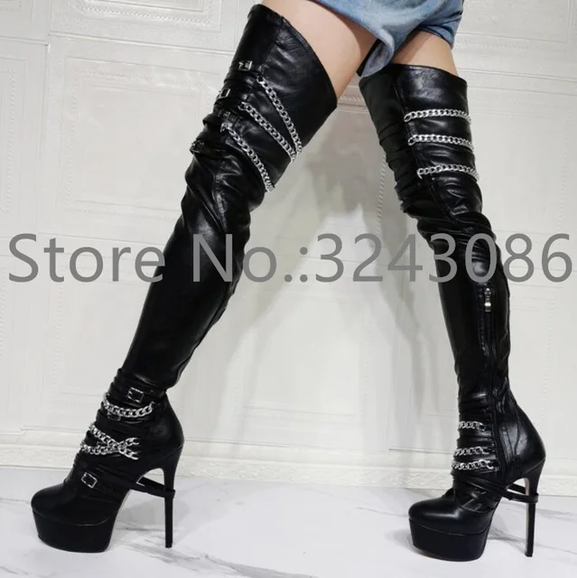 Black Leather Chains Decor Woman Thigh High Boots Fashion Buckle Strap Platform Long Boots Lady Sexy Banquet Shoes Dropship 5
