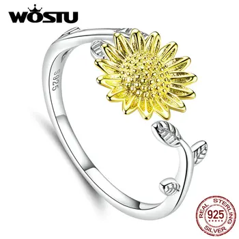 

WOSTU New Fashion 100% 925 Sterling Silver Sunflower Wedding Rings For Women Opening Adjustable Flower Rings Jewelry DXR596