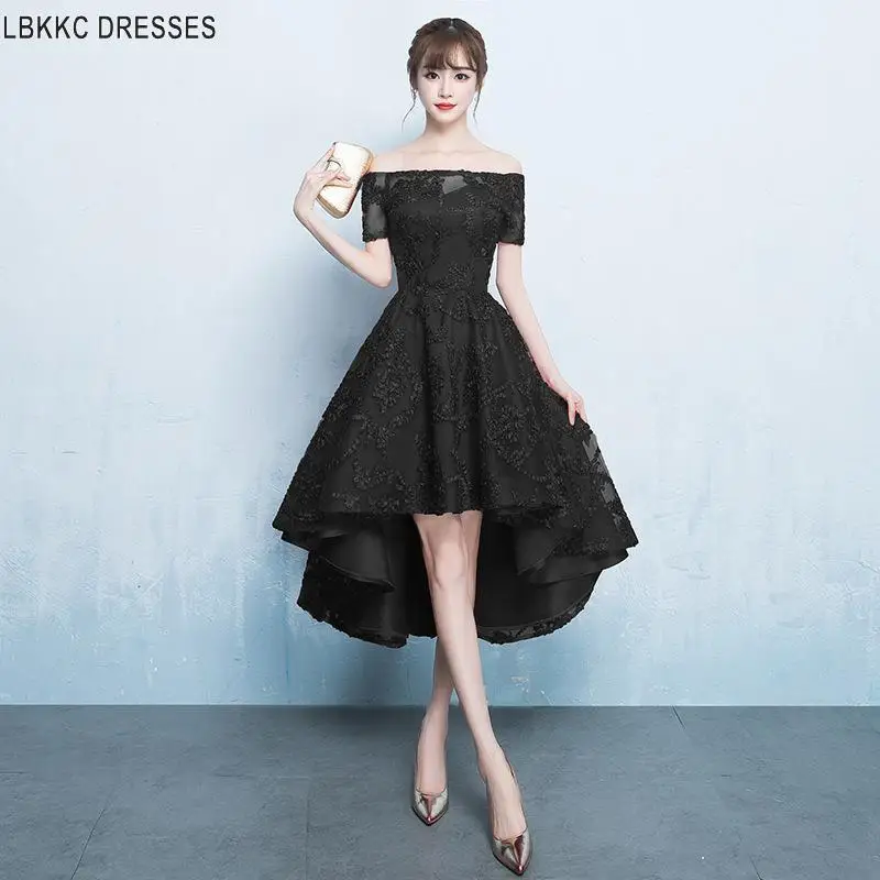 High Low Homecoming Dresses Pink Off The Shoulder Lace Prom Party Dresses Semi Formal Dress Formal Dresses Short Junior Dresses - Color: Black