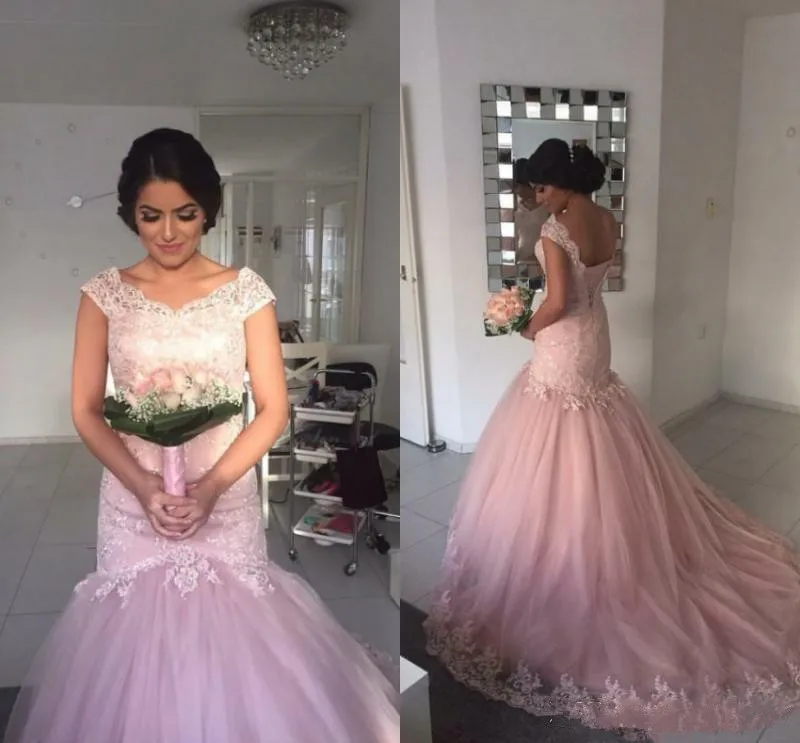 

Vintage pink Lace Mermaid Wedding Dresses Short Sleeves Appliques Sweep Train Tulle Wedding gown Bridal Gowns