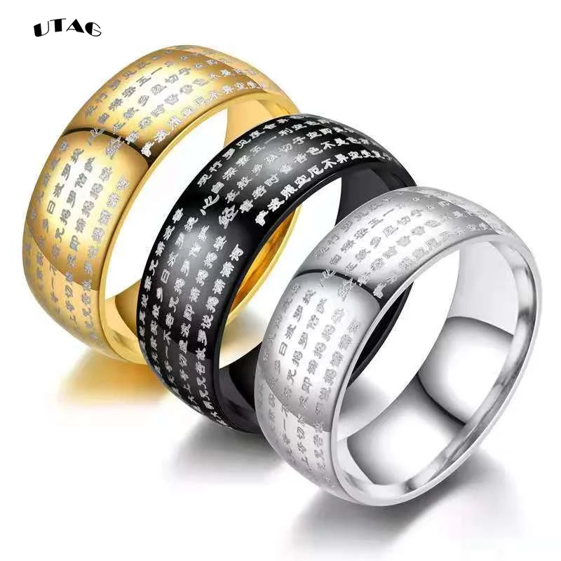 Utag Antico Buddismo Cinese Scrittura Soprannaturale Mens Cool Signet Esorcismo Rune Rings Pollice Inossidabile Anello Buddha