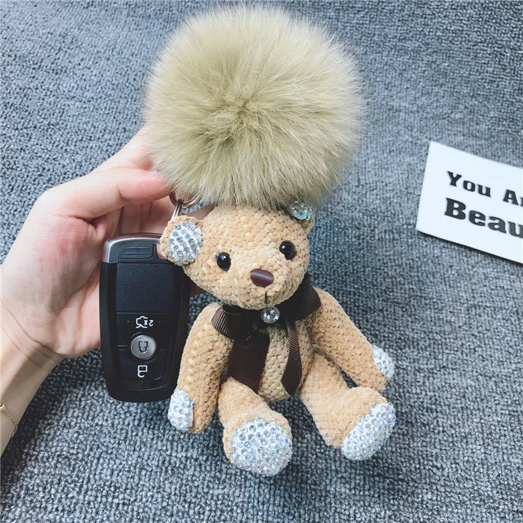 Cute Sitting bear bao Package Pendant Clay Drilling Fox Fur Ball Plush Key Chain Creative Small Gifts Keychain