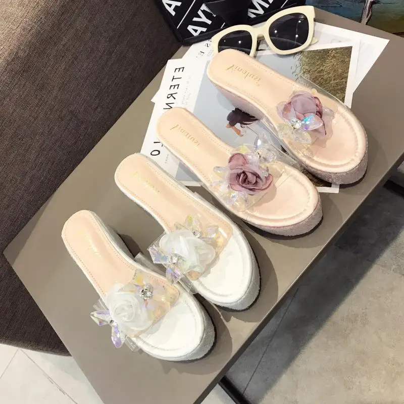 

Transparent Slippers Shoes Without Heel Platform Flower 2019 New Women Slides On A Wedge Fenty Beauty Flat Sliders Luxury