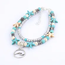 Трансграничной распродажа! Два Слои Морская звезда ножной браслет с бусинами в европейском и американском стиле, в стиле ретро волны подвеска в виде черепахи пляжный ножной браслет ног Ornam