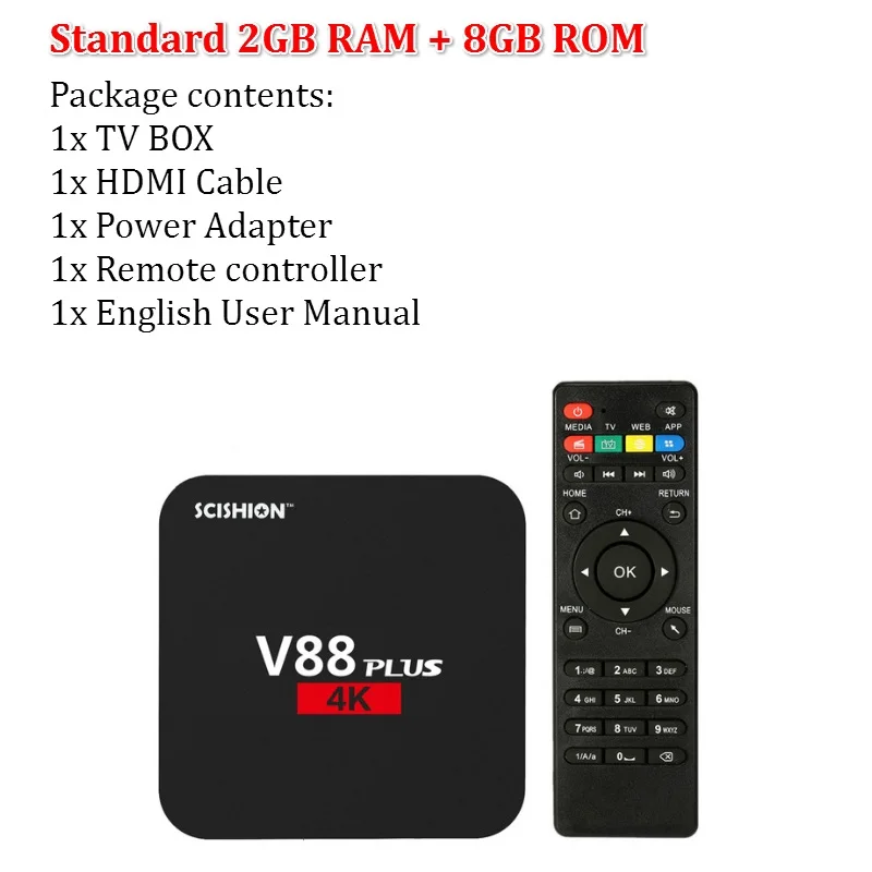 SCISHION V88 Plus Android tv BOX 2 ГБ 8 ГБ Android 6,0 Rockchip 3229 четырехъядерный WiFi Поддержка Bluetooth H.265 телеприставка мини-ПК - Цвет: Only 2GB 8GB