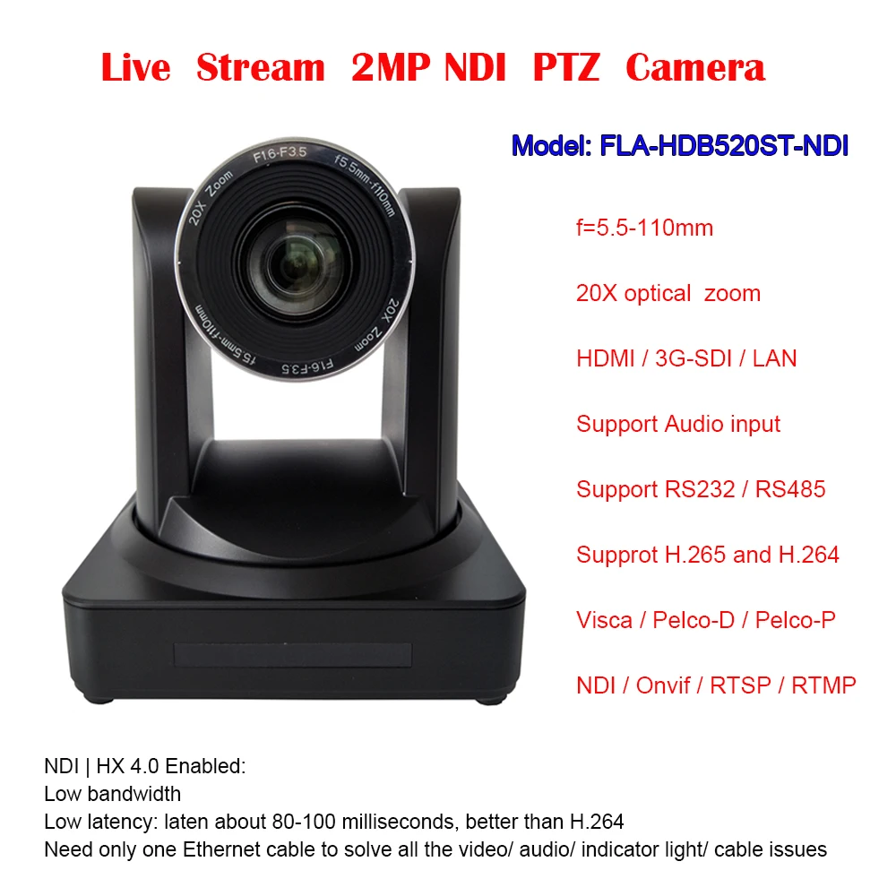 

2MP 20x Zoom Lens Pan Tilt Visca PelcoD Onvif Protocol Video Conference NDI IP HDMI 3G-SDI Camera