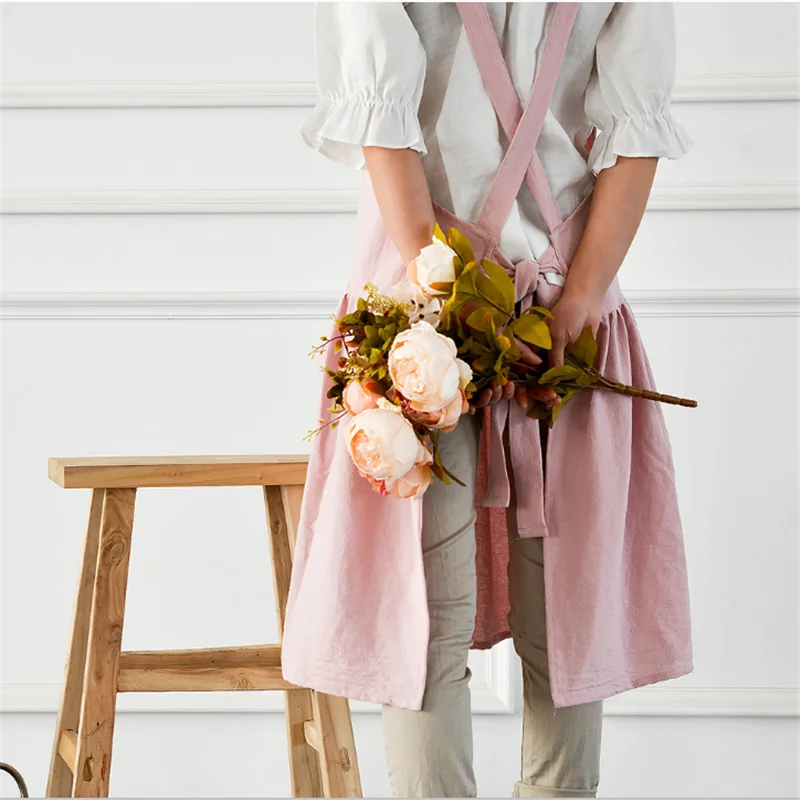 Saim Home Cooking Florist Apron Cotton Linen Kitchen Cafe Apron Women Sleeveless Pinafore Dress Women Cross Back Apron JJ50773