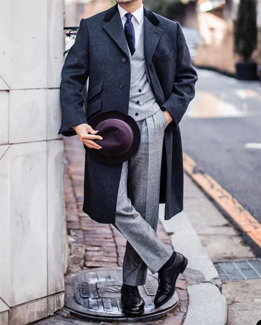 Dark Grey Men Suit Overcoat Winter Warm 