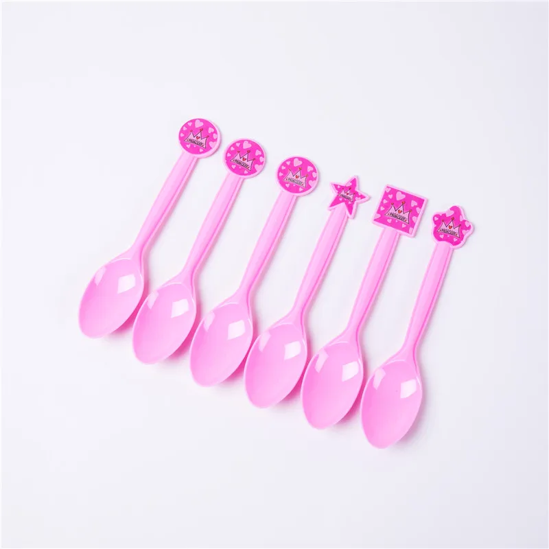 Spoon(6pcs) Розовая корона для принцессы, вечерние принадлежности для девочек, одноразовая посуда на день рождения, бумажный стаканчик, бумажные тарелки, салфетки, баннеры, детский душ - Цвет: Spoon(6pcs)