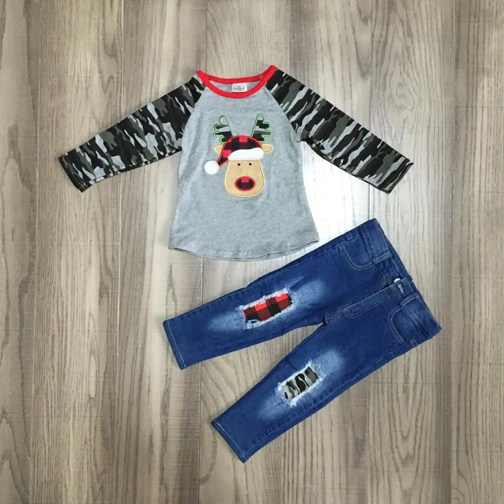 

new arrivals Christmas Fall/Winter baby girls deer camouflage outfits denim jeans pants clothes ruffles boutique kidswear