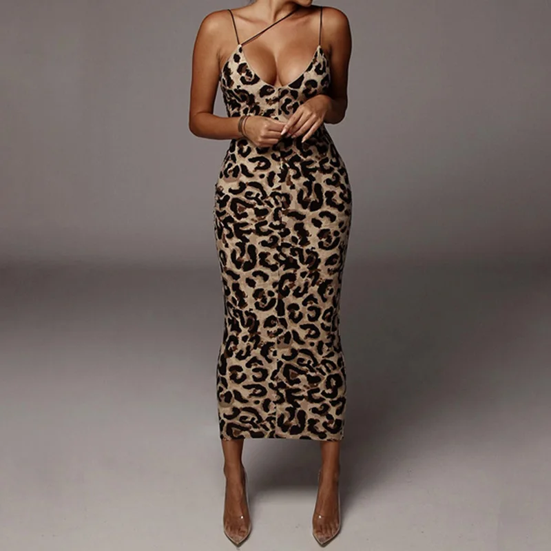 

Leopard Snake Print Solid Color Women Sexy Strap Dress V neck Midi Bodycon Backless Party Club Spring Summer Clothes Clubwear