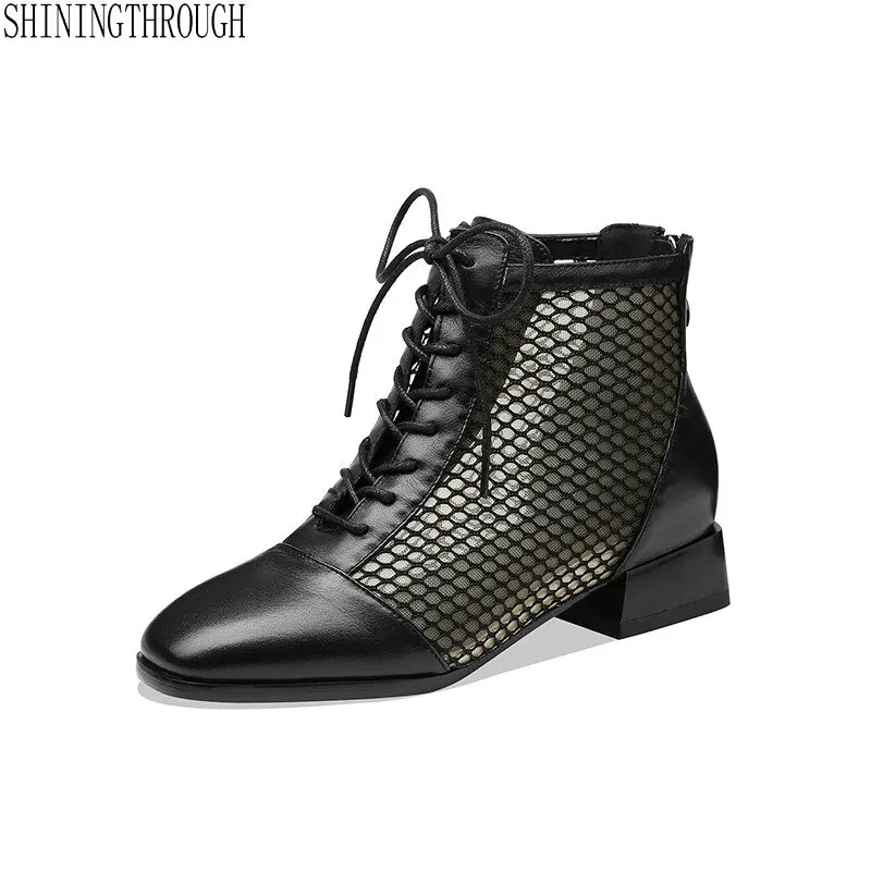 

Women Summer Boots Genuine Leather Thick Heels Platform Shoes Woman Mesh Surface Breathable Lace Up Ankle Boots